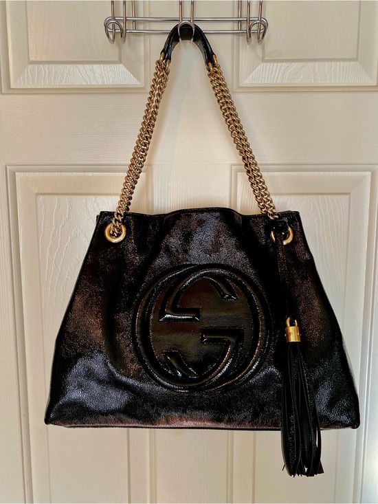 Gucci Handbags - Gucci Black Patent Leather Shoulder Bag with Gold Chain Tassel